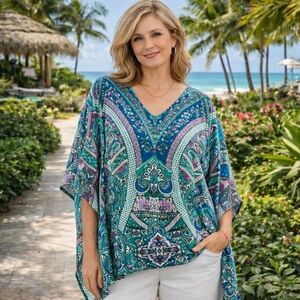 Chico's Coastal Jewelry Print Paisley Vibrant Color Kimono Top Coverup